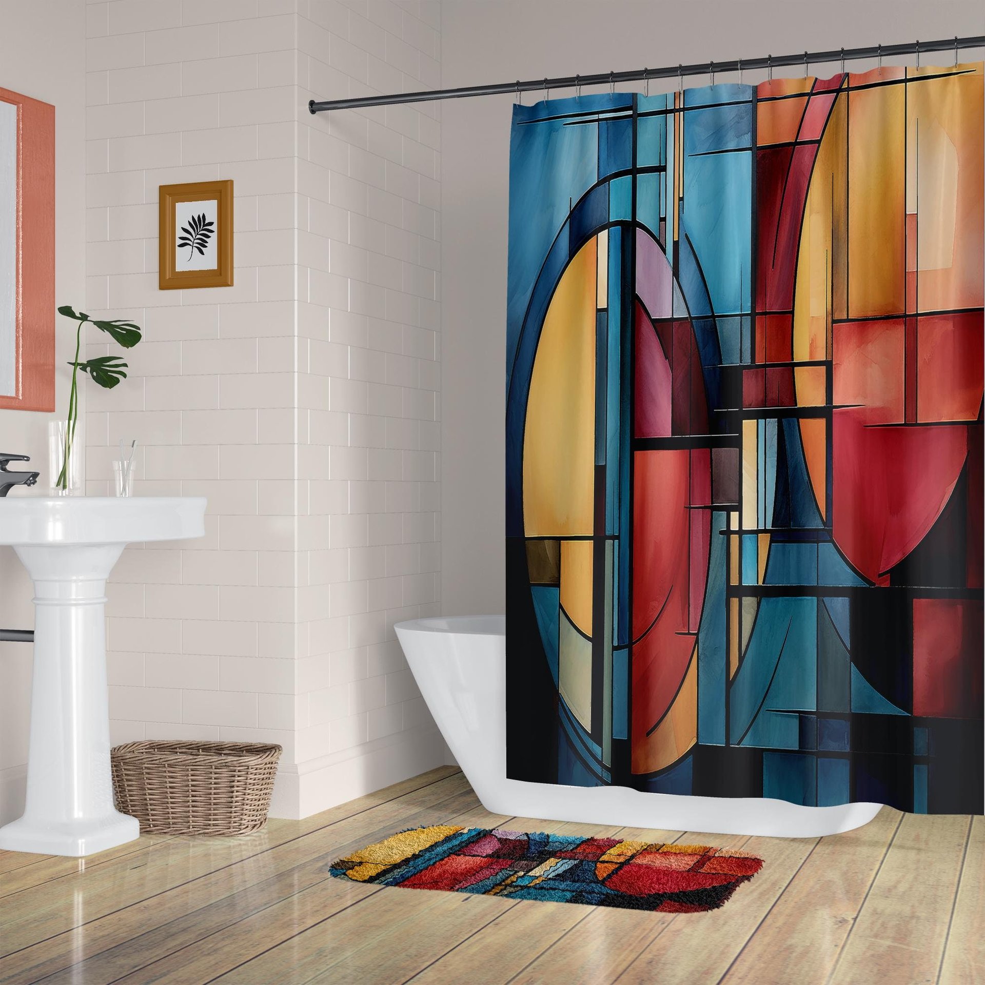 Jewel Colors Abstract Art Stained Glass Shower Curtain set
