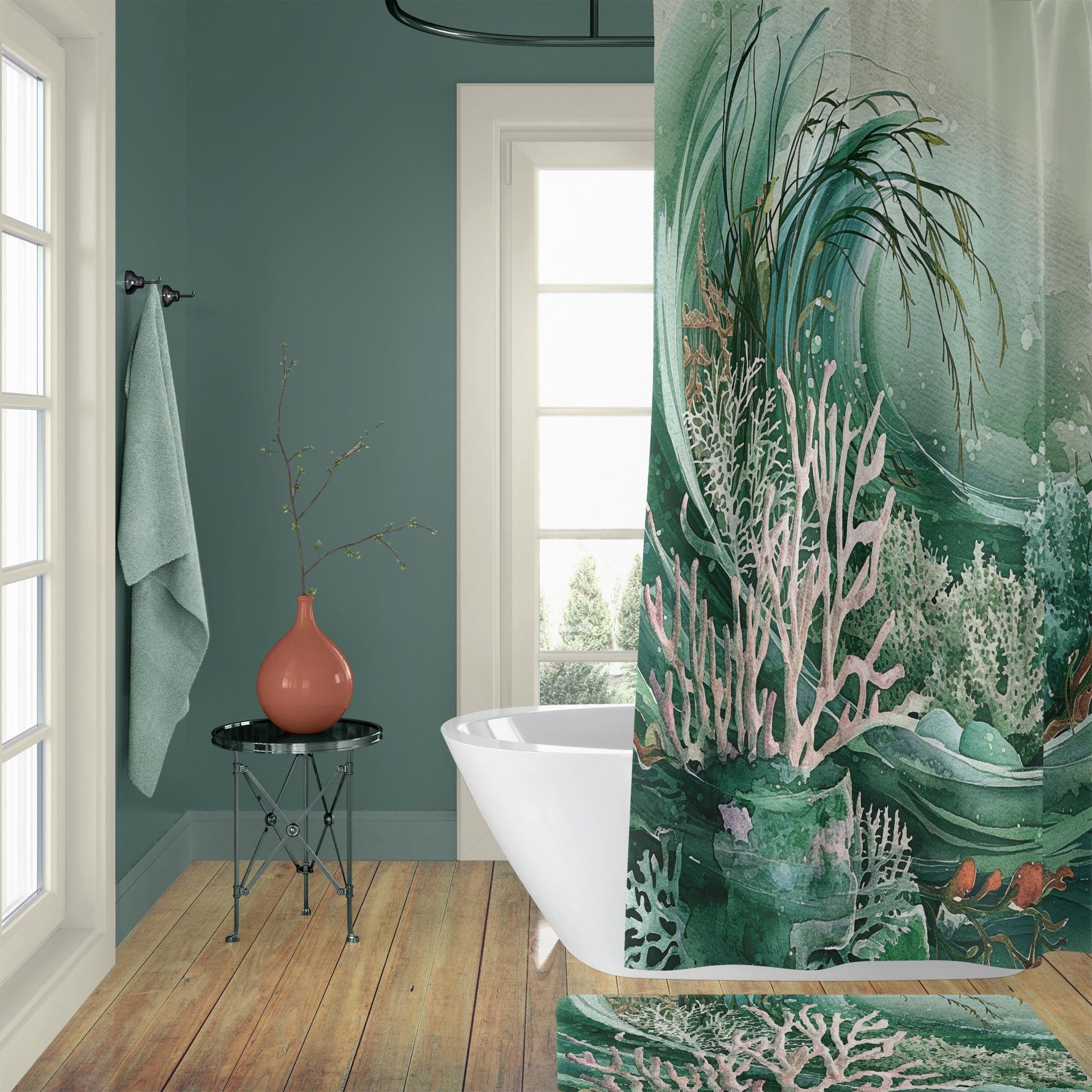 Green Tropical Coral Reef Shower Curtain Set