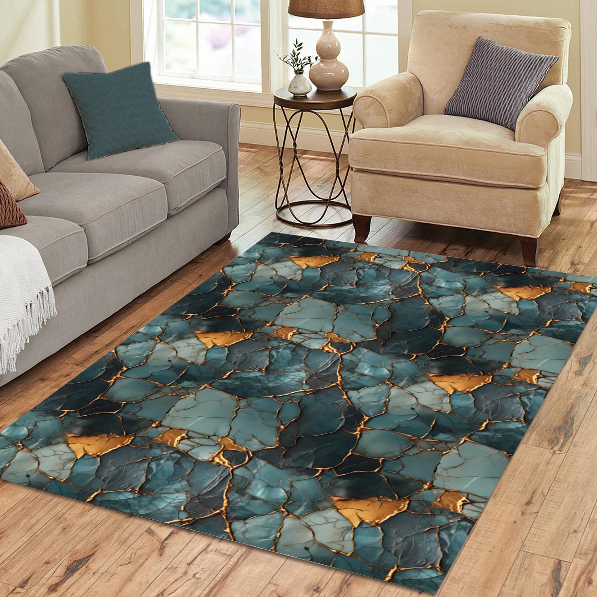 Teal & Gold Kintsugi Rug