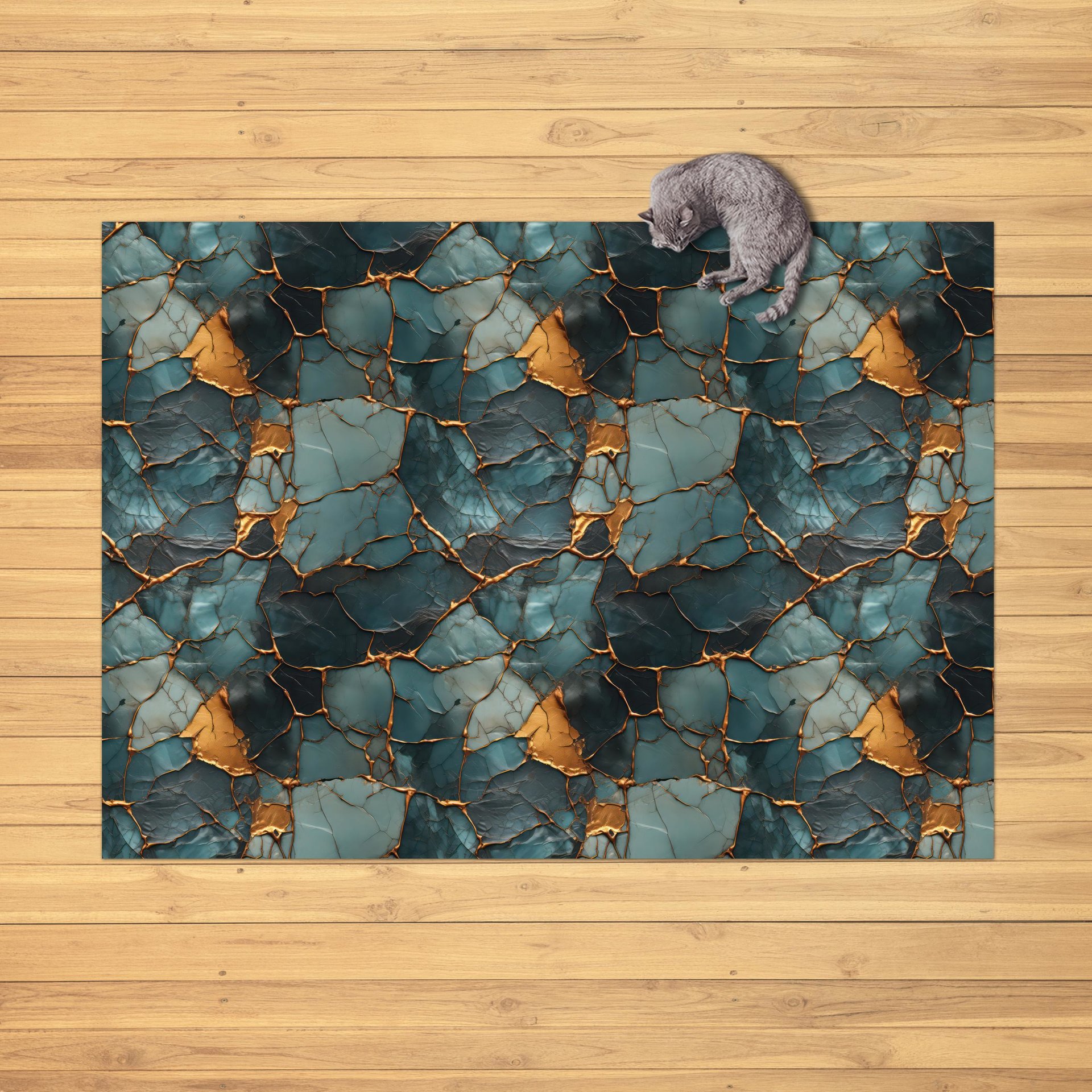 cat laying on a Teal & Gold Kintsugi Rug