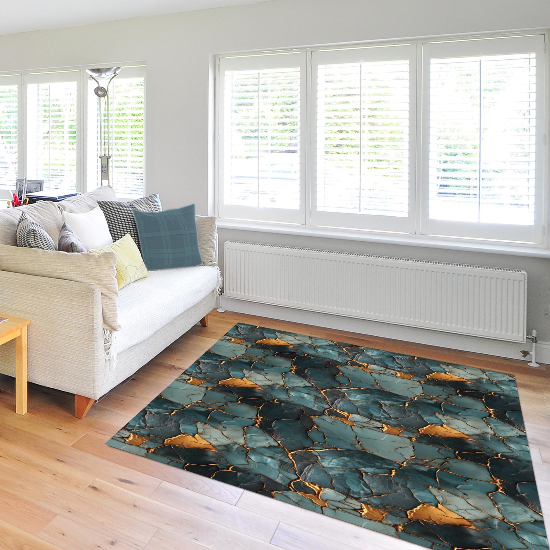 Minimalist living room with a Teal & Gold Kintsugi Rug
