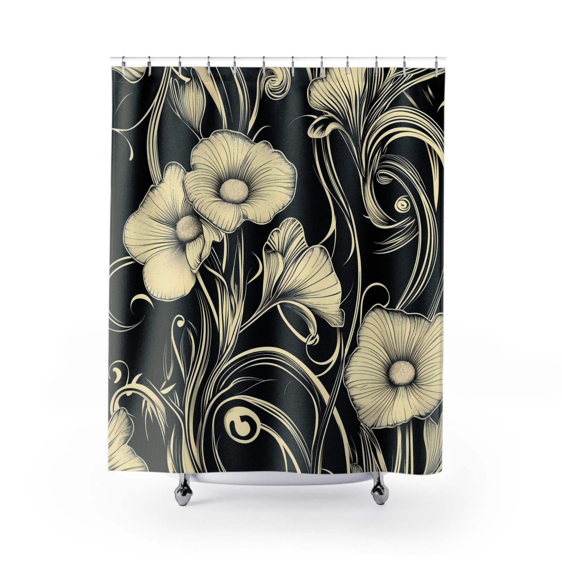 Black & cream floral shower curtain, Bold retro flowers, Art Nouveau bathroom decor, Elegant bath mat optional.