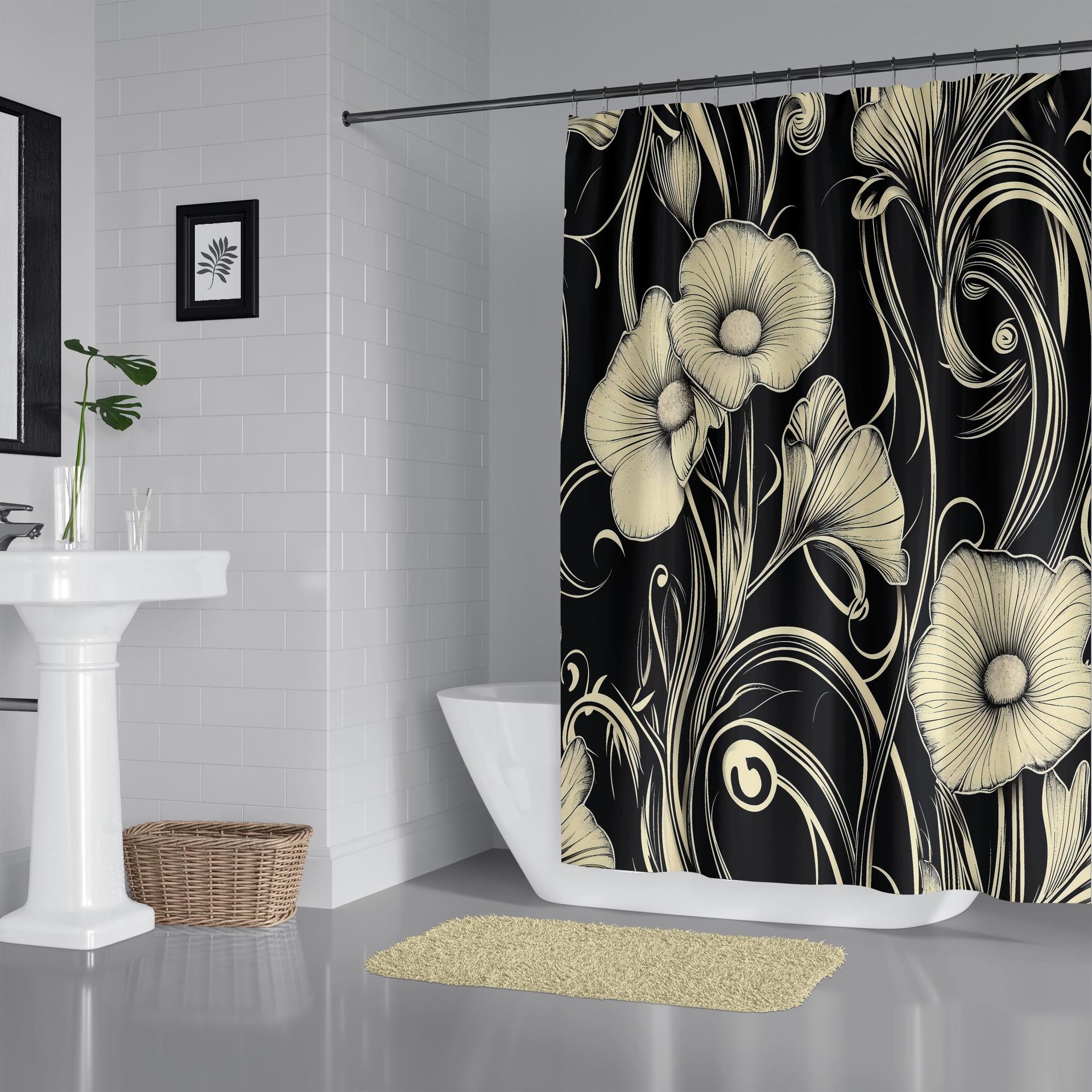 Black & cream floral shower curtain, Bold retro flowers, Art Nouveau bathroom decor, Elegant bath mat optional.