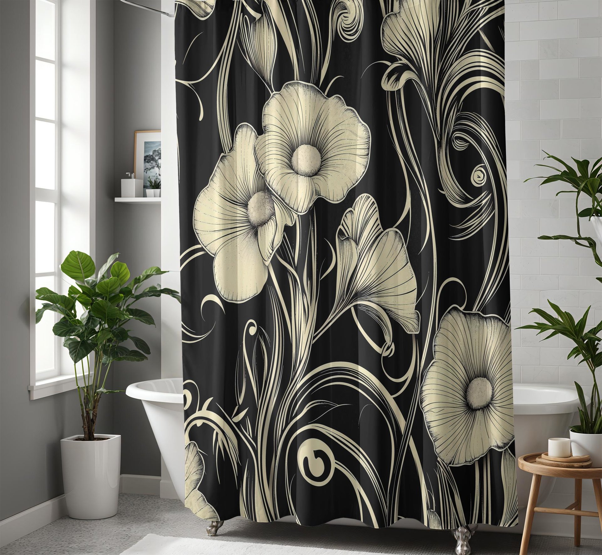 Black & cream floral shower curtain, Bold retro flowers, Art Nouveau bathroom decor, Elegant bath mat optional.