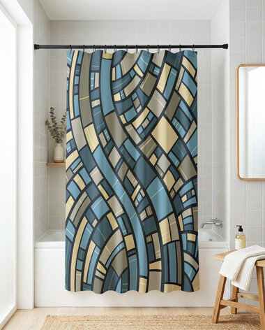 Abstract Geometric Shower Curtain. Blue, Gray and Sand