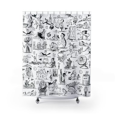 Shower curtain with Black and white Edward Lear illustrations