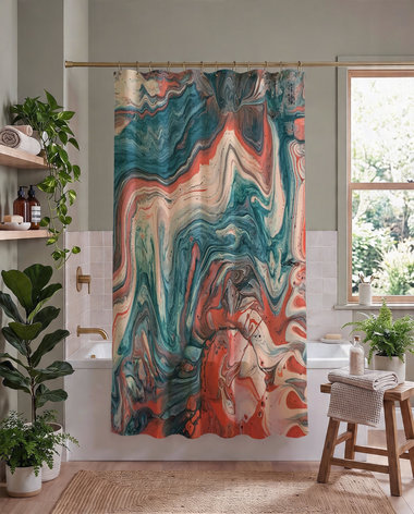 Blue and Coral Pink Abstract Art Shower Curtain, Bath Mat