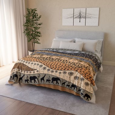 Large neutral African Art Fleece Blanket on a bed