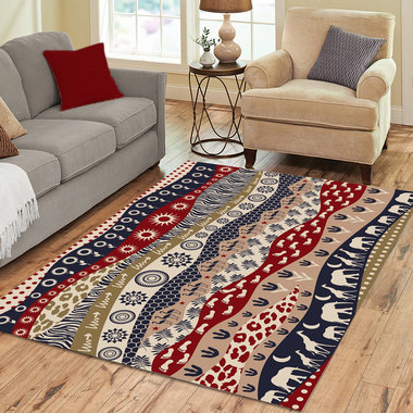 African rug depicting a wavy landscape design with elephants, giraffes, flamingos, leopard spots and zebra stripes. 