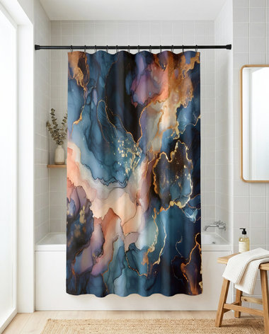 Navy Blue Abstract Art Shower Curtain, Bath Mat
