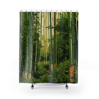 Leaf green bamboo trees in a tropical rain forest with a pale yellow cream sky printed on a fabric shower curtain.