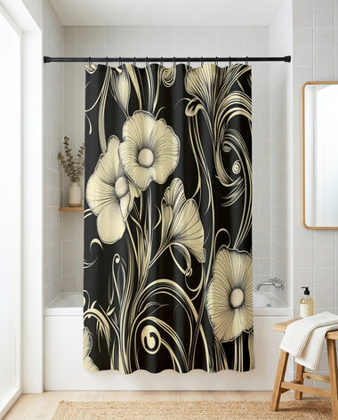 Black & Cream Floral Art Nouveau Shower Curtain