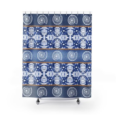 shower curtain - Coastal design of blue denim stripes with spiral seashells and a nautical rope border on a watercolor ikat pattern background.