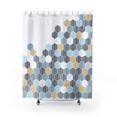 Abstract honeycomb-shaped trees design shower curtain in navy blue, rackley blue, light blue and gold (not glittery) on a white background.