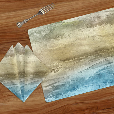 Table linens with a Grainy sand beneath translucent ocean water in a muted blue, green and taupe abstract design