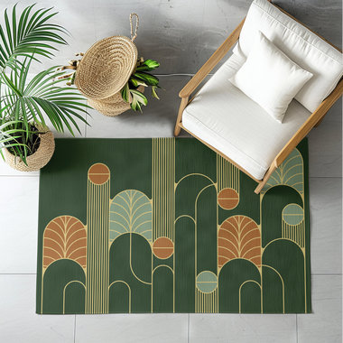 Minimalist Forest Green Art Deco Rug, Indoor Outdoor