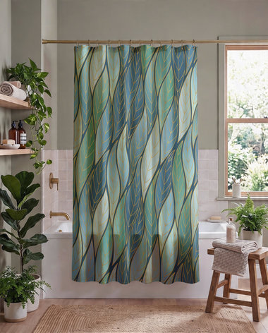 Blue Green Art Nouveau Leaves Shower Curtain, Bath Mat Optional