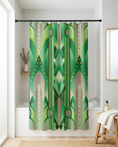 Emerald Green Art Deco Shower Curtain, Optional Matching Bath Mat