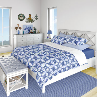 Queen duvet cover and pillow shams with a nautical Blue Ikat Pattern
