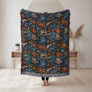 Multicolor Whimsical Animals and Plants Woven Cotton Blanket