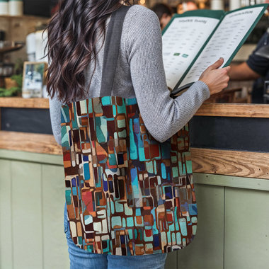 Stained Glass Design Woven Tote, Multicolor Geometric Shapes Tapestry Bag hanging on the shoulder of a woman reading a restaurant menu