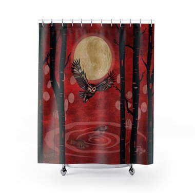 Red shower curtain - Under a pale-gold full moon an owl flies above the lake hunting for fish, surrounded by silhouetted birch trees and tall grasses.