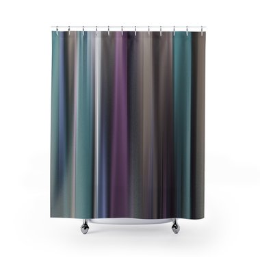 Muted Vertical Stripes Shower Curtain in purple, blue, taupe and gray