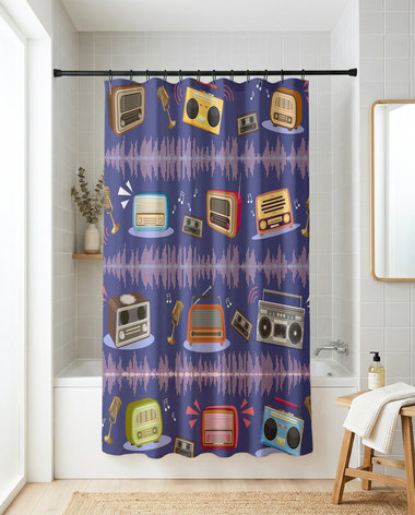 Musical Shower Curtain, Colorful Vintage Radios with Sound Waves, Optional Whimsical Bath Mat
