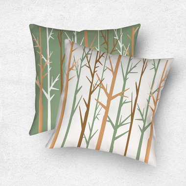 A minimalist graphic art botanical design in an earthy color palette of tan, brown, sage green and white. One side is printed on a white background and the other side is printed on a green background.