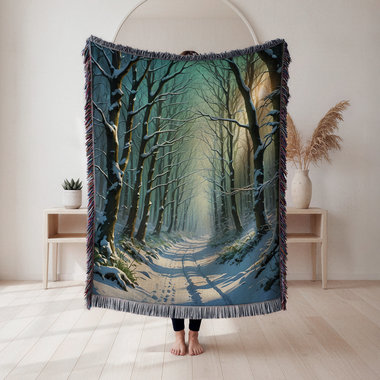 Snowy Forest Path Blanket - Winter Woods Woven Throw