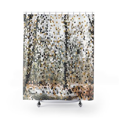 Neutral forest mosaic design in a warm color palette of browns, grays, black and white with gold and a bit of peach and green.