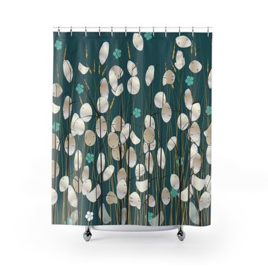 Shower curtain with abstract design of money plants in beige, off-white, brown, black and gold with aquamarine flowers on a deep teal background.