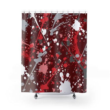 Shower curtain with a colorful maximalist abstract artsy design in red, gray pink and white paint spatter on a burgundy background for a funky masculine bathroom décor.