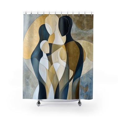 Shower curtain with fine art family scene in blue, gray, black, brown and beige abstract figures.