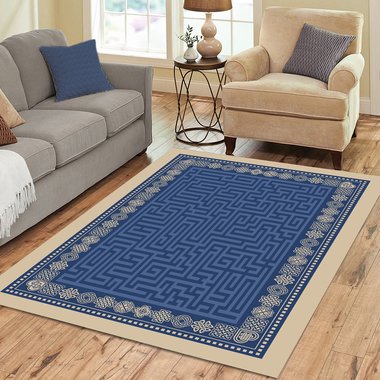 Blue Maze Rug with Beige Celtic Knot Border displayed on a wood floor in a neutral living room.