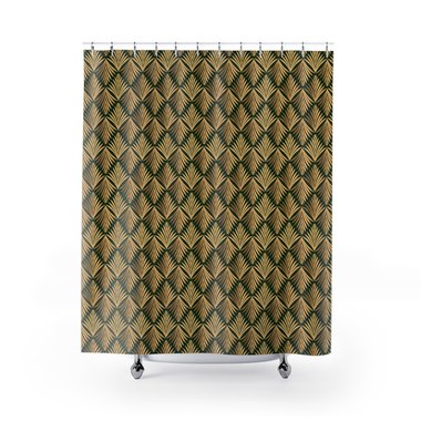 shower curtain with a 1920s fleur-de-lis flower pattern in gold, beige and brown on a forest green background.