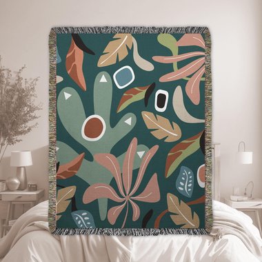 Abstract Floral Cotton Blanket - Woven Fringed Throw