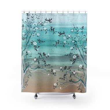 Muted sand, aqua, green, tan and gray ocean waves with white flowering trees in the foreground printed on a well made, water-resistant, polyester fabric shower curtain with a 12 button-hole top for hanging.